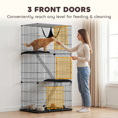 3-Tier Large Cat Cage Indoor, Detachable Metal Wire Kennel with Hammock, Platforms, Bottom Tray and Cushions, Large Exercise Place with Ladders and 3 Front Doors for 1-2 Kittens, Black