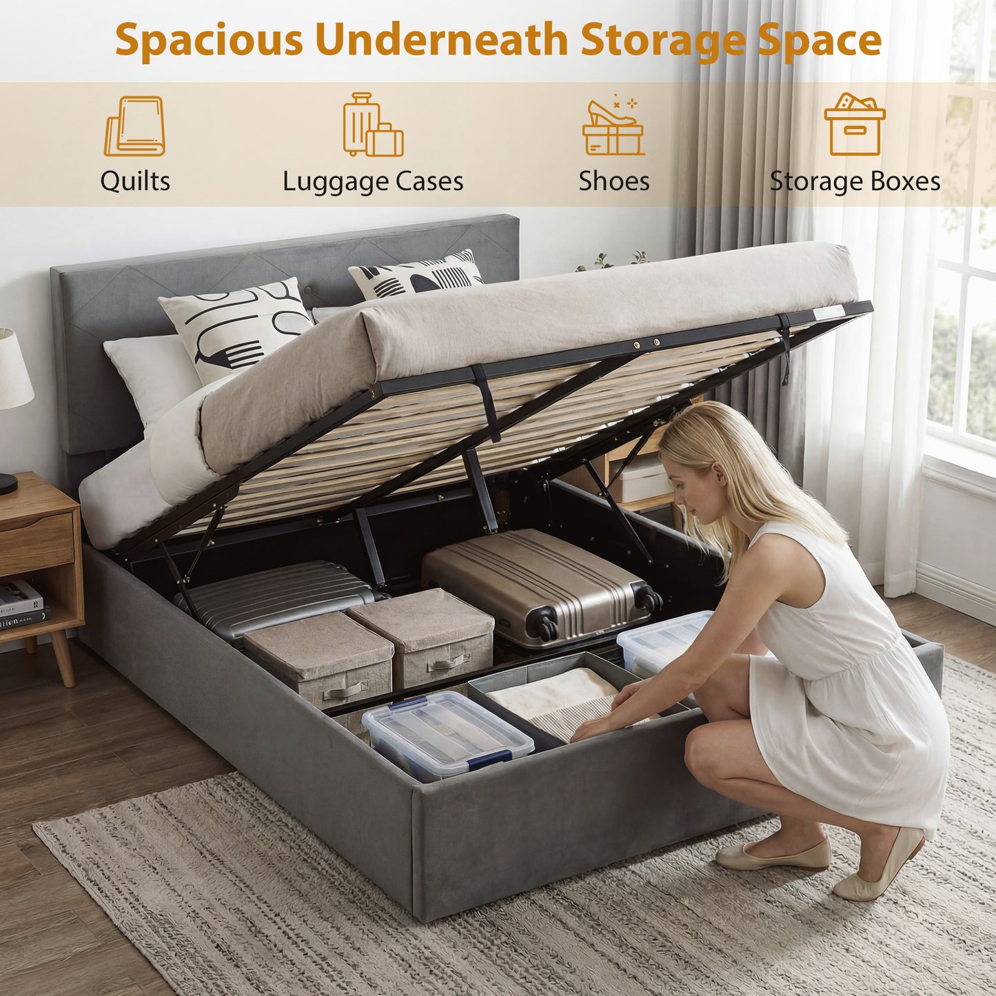 King Size Bed Frame Gas Side Lift Under Bed Storage Dark Grey