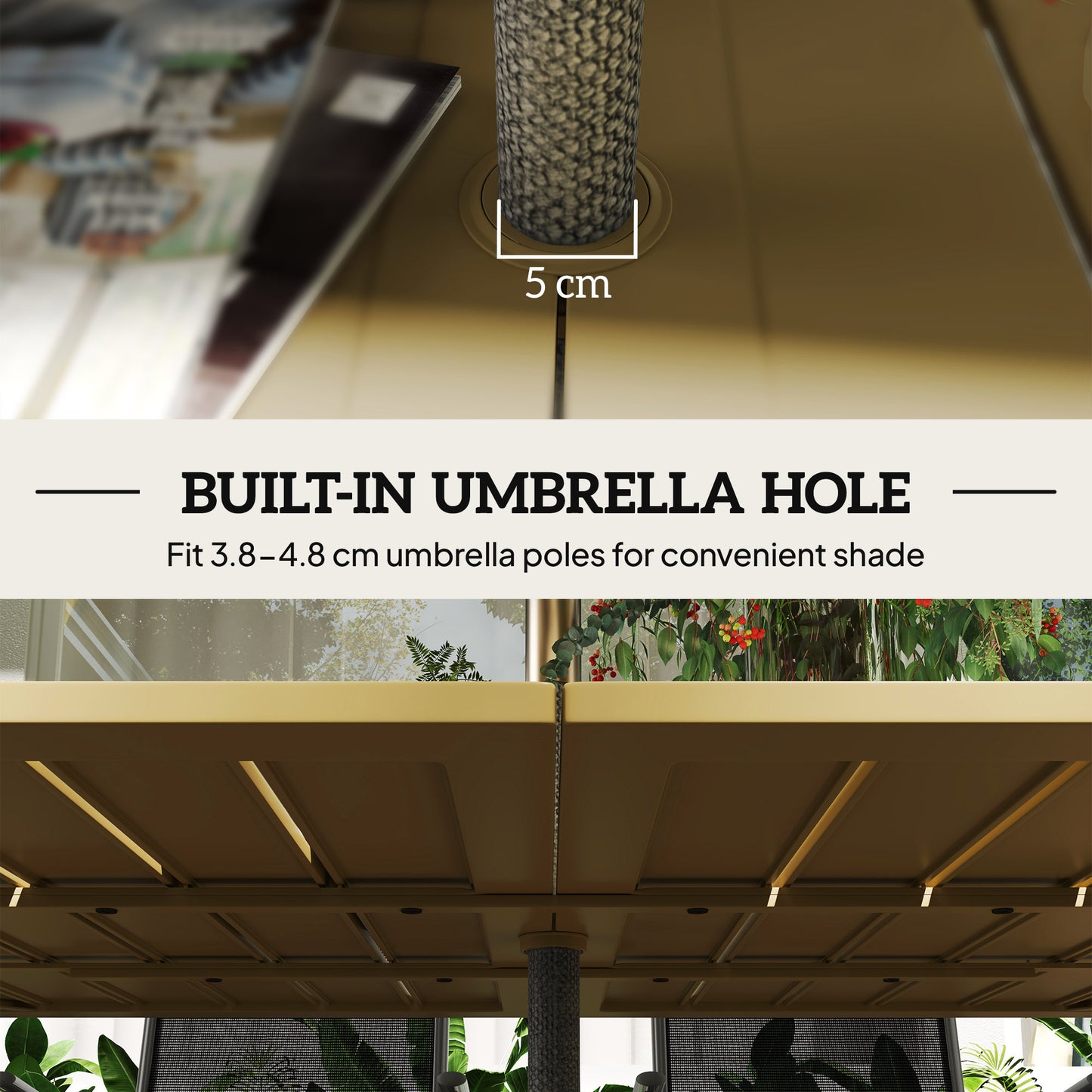 Garden Table with Parasol Hole, Slatted Metal Tabletop, Brown