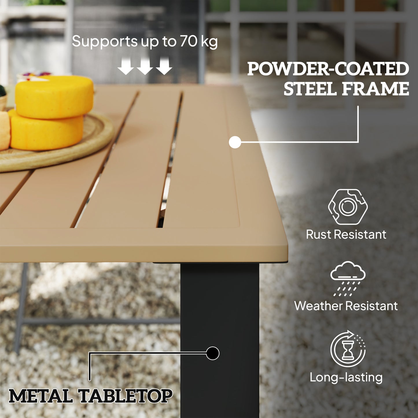 Garden Table with Parasol Hole, Slatted Metal Tabletop, Brown