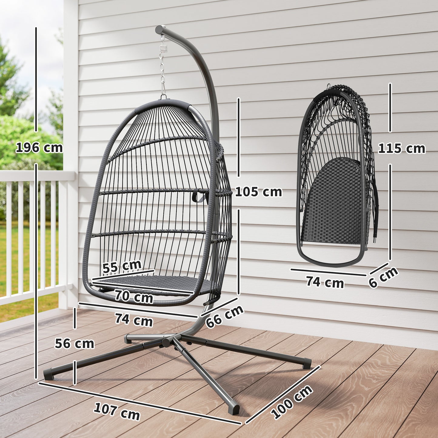 Rattan Hanging Egg Chair with Stand, Cushion, Dark Grey