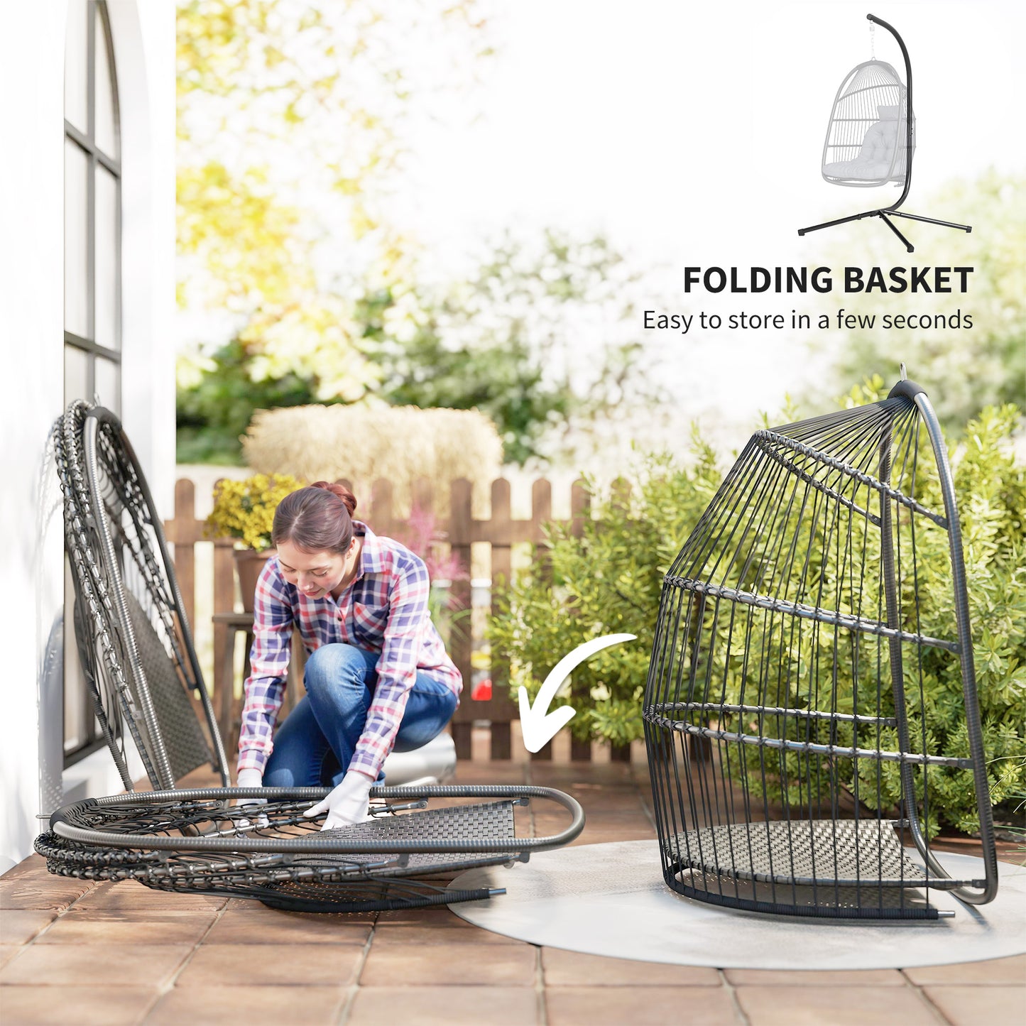 Rattan Hanging Egg Chair with Stand, Cushion, Dark Grey