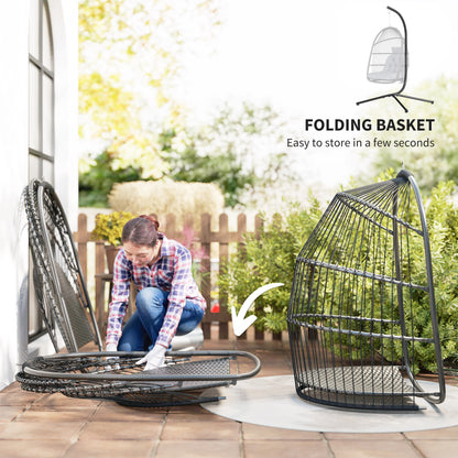 Rattan Hanging Egg Chair with Stand, Cushion, Dark Grey