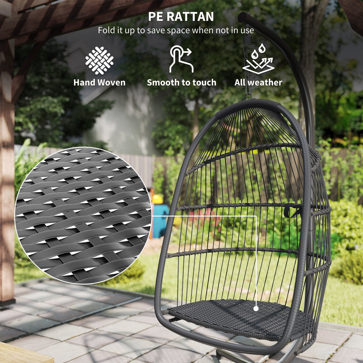 Rattan Hanging Egg Chair with Stand, Cushion, Dark Grey