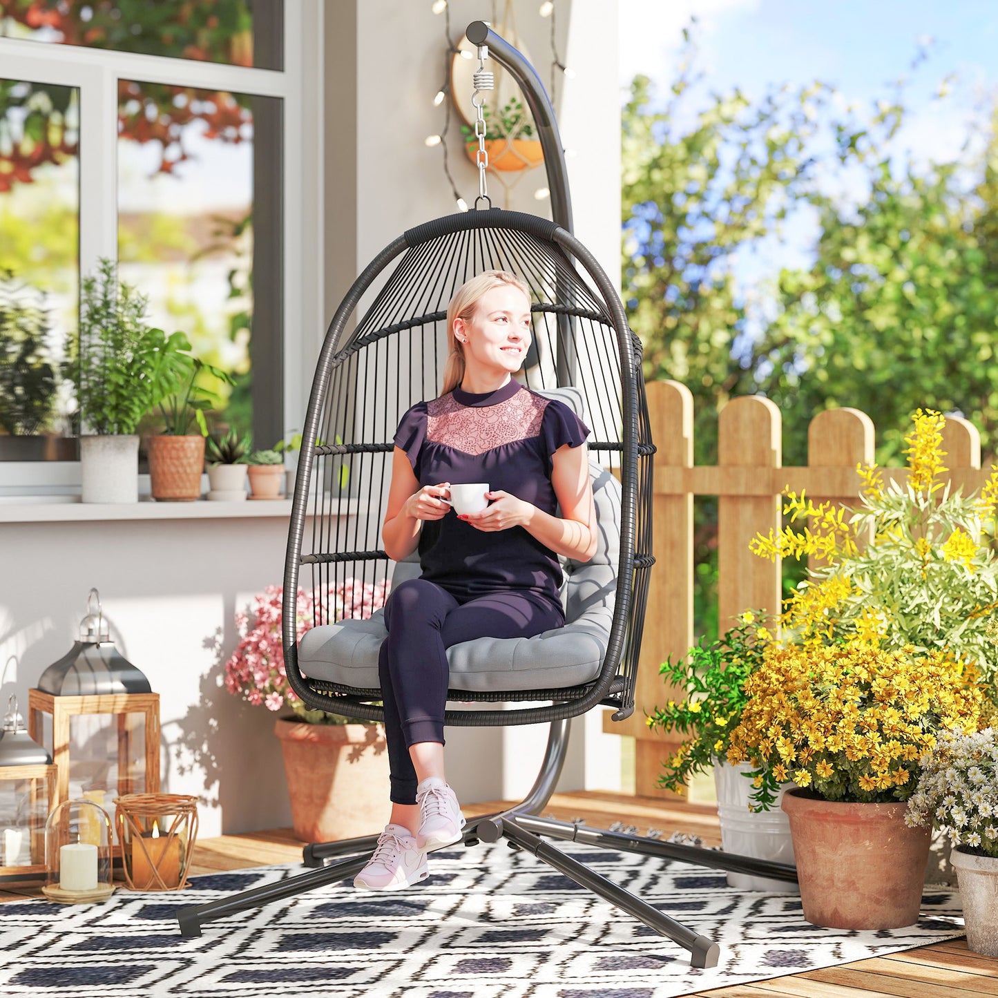Rattan Hanging Egg Chair with Stand, Cushion, Dark Grey