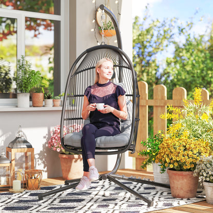 Rattan Hanging Egg Chair with Stand, Cushion, Dark Grey