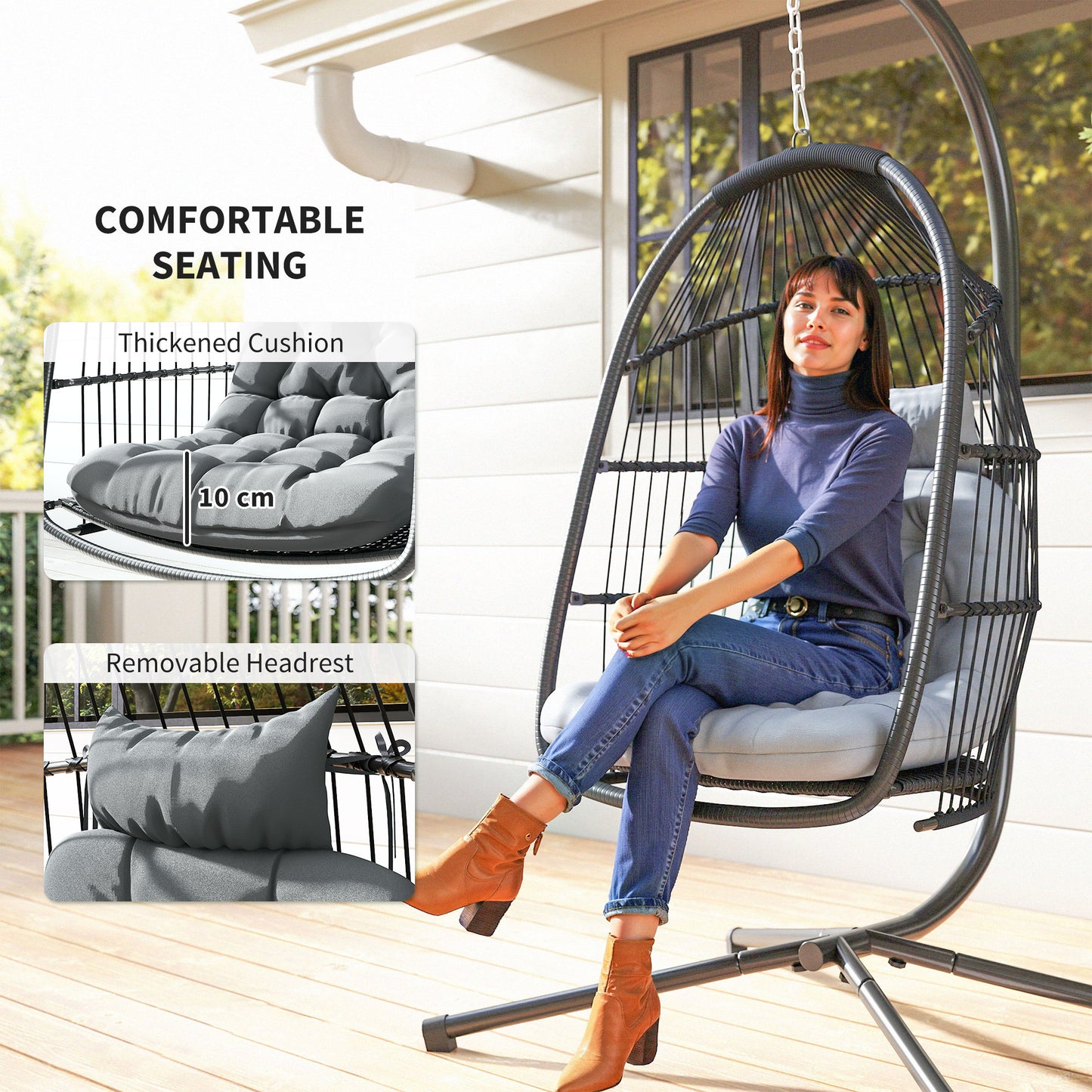 Rattan Hanging Egg Chair with Stand, Cushion, Dark Grey