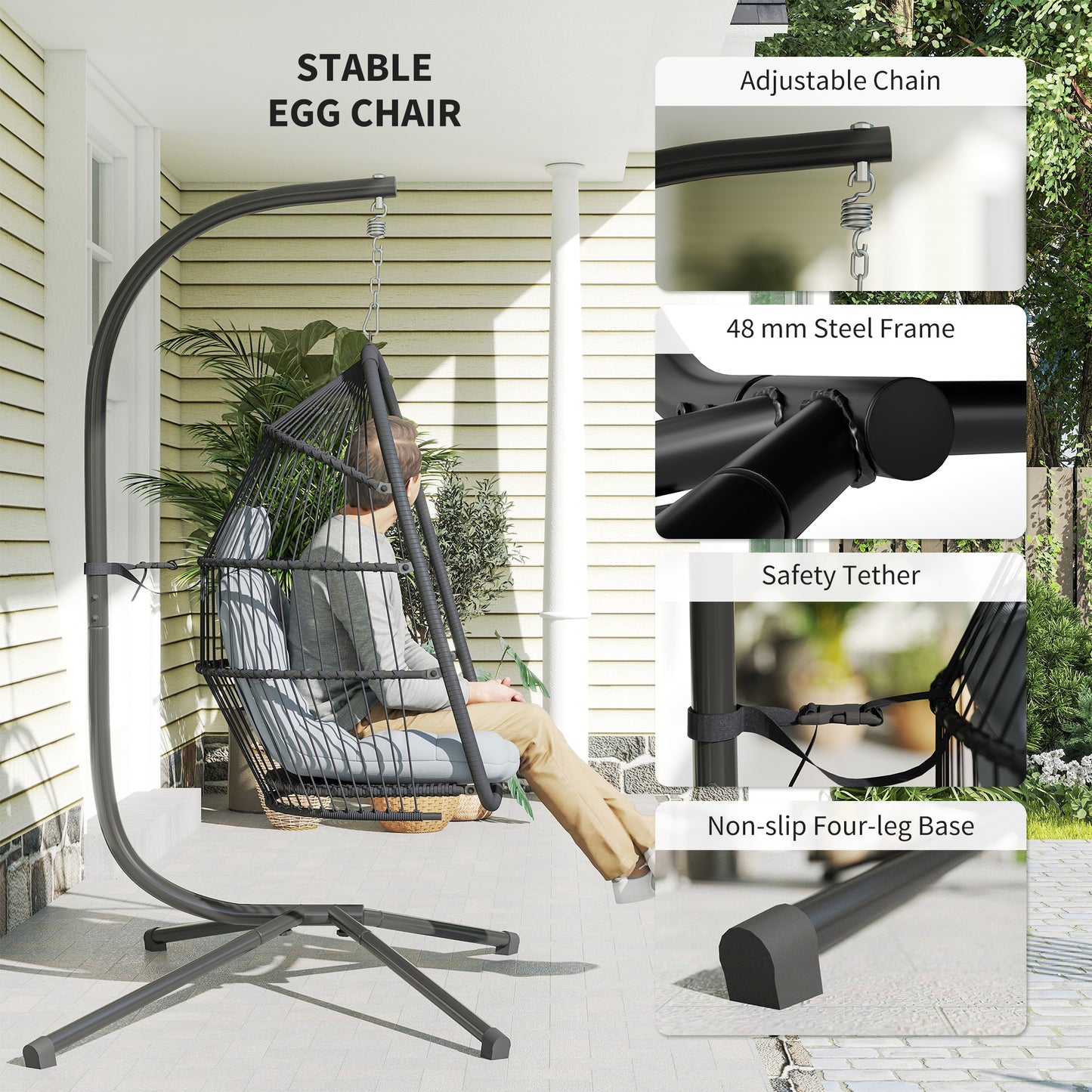 Rattan Hanging Egg Chair with Stand, Cushion, Dark Grey