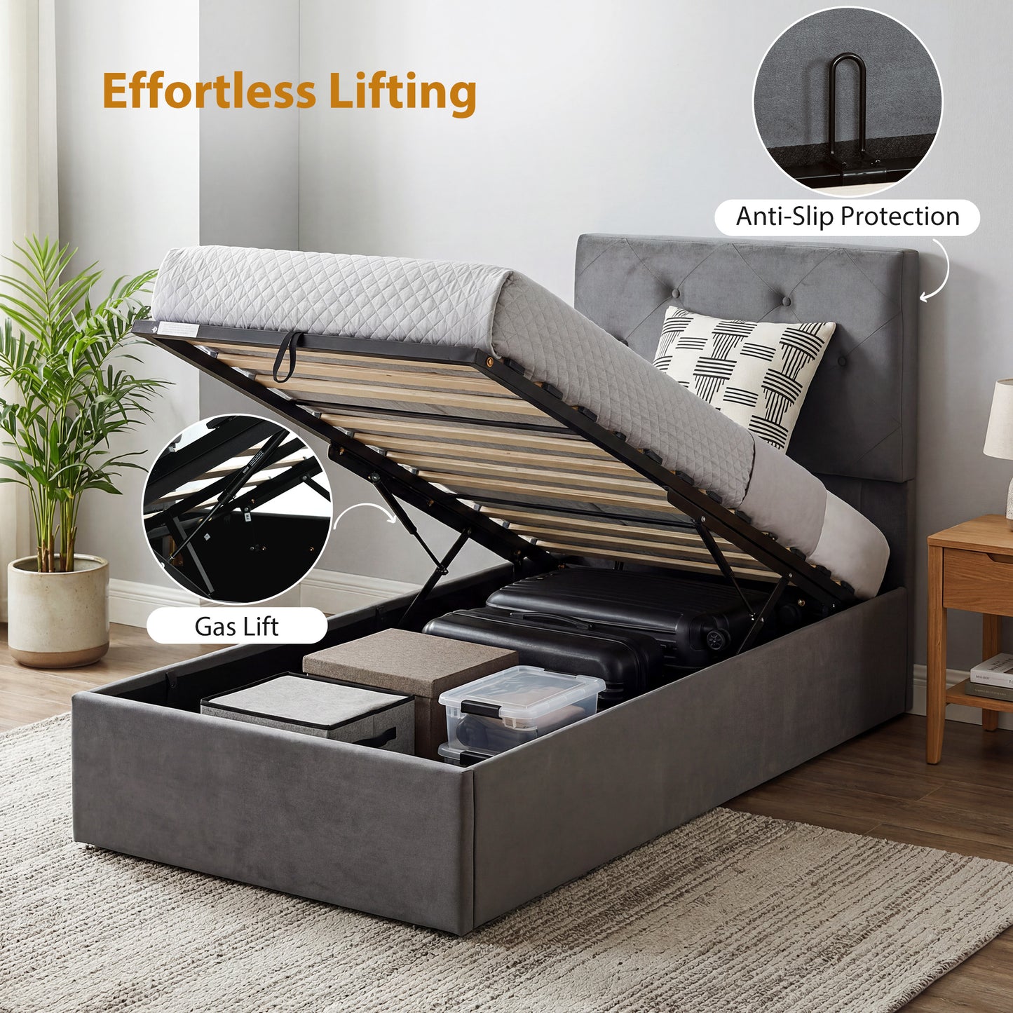 Single Bed Frame Gas Side Lift Under Bed Storage Dark Grey