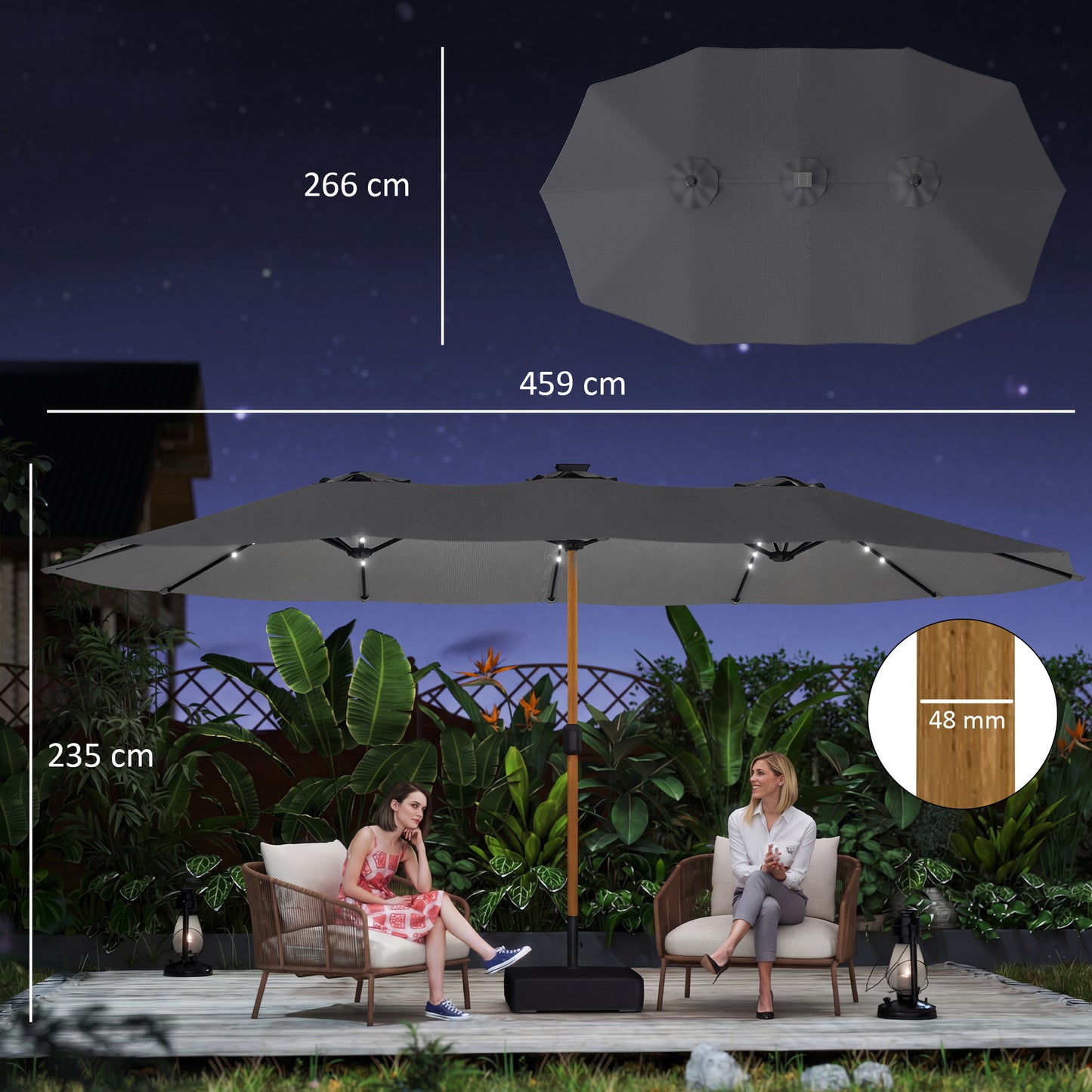 Double Sided Garden Parasol w/ 48 Solar LED Lights 4.6m Light Grey