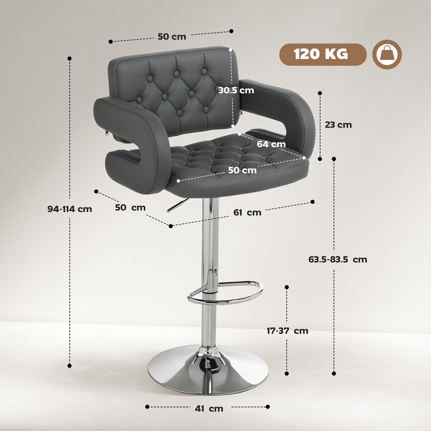 Adjustable Height Barstool Steel Pole PU Leather, Grey