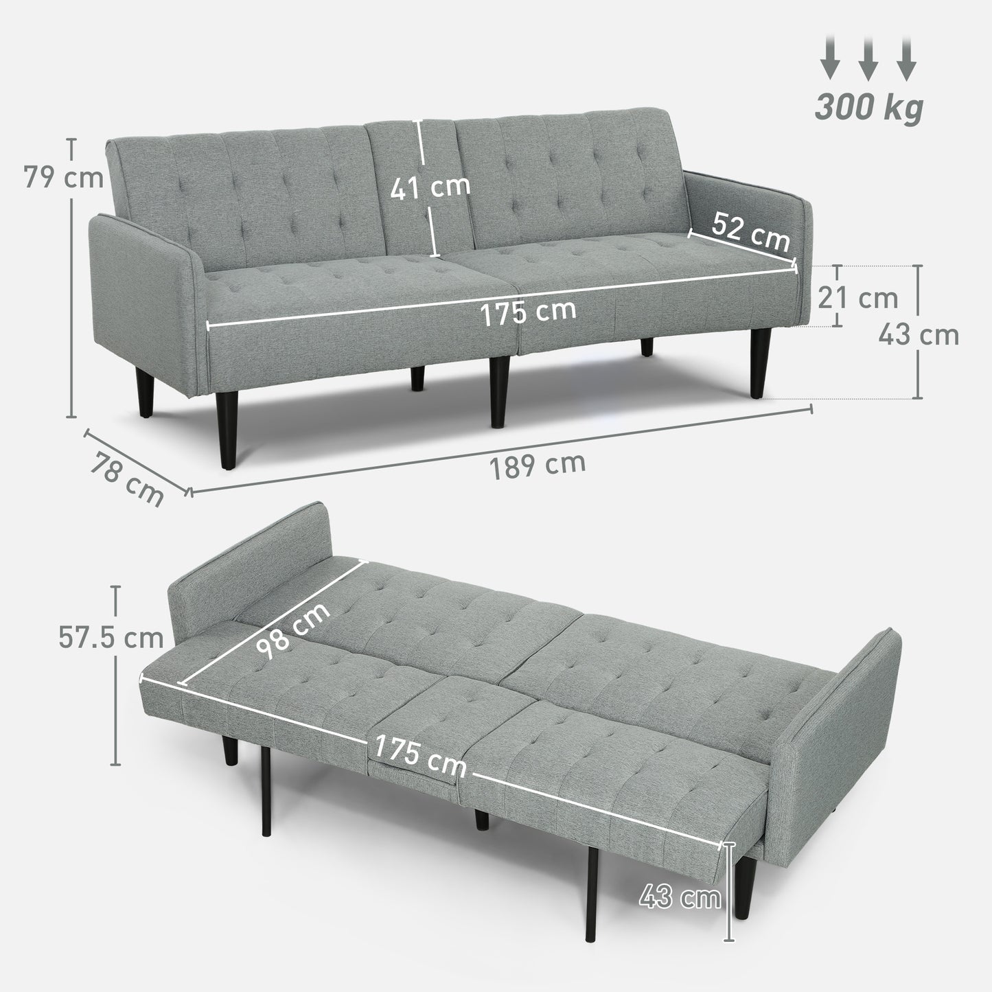 Upholstered Sofa bed 3 Seater Home Theater with Storage Light Grey