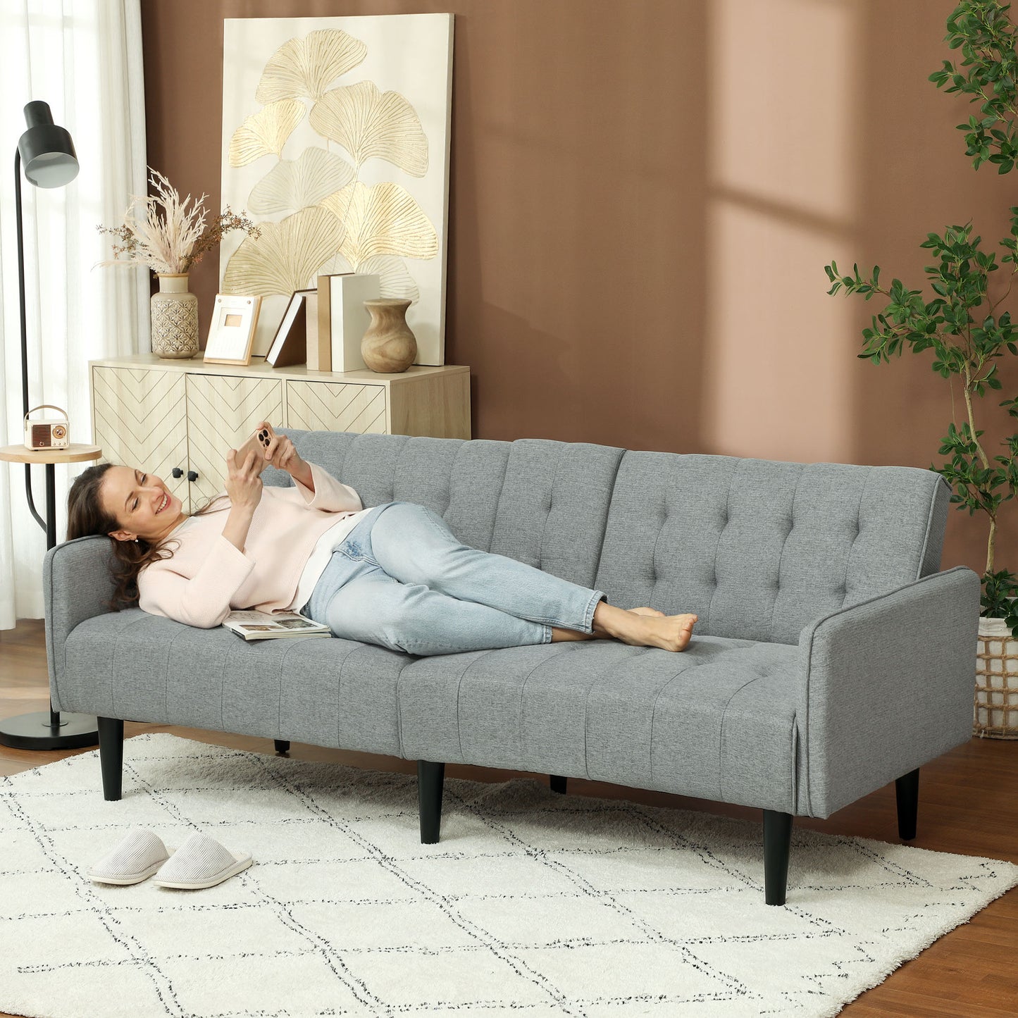 Upholstered Sofa bed 3 Seater Home Theater with Storage Light Grey