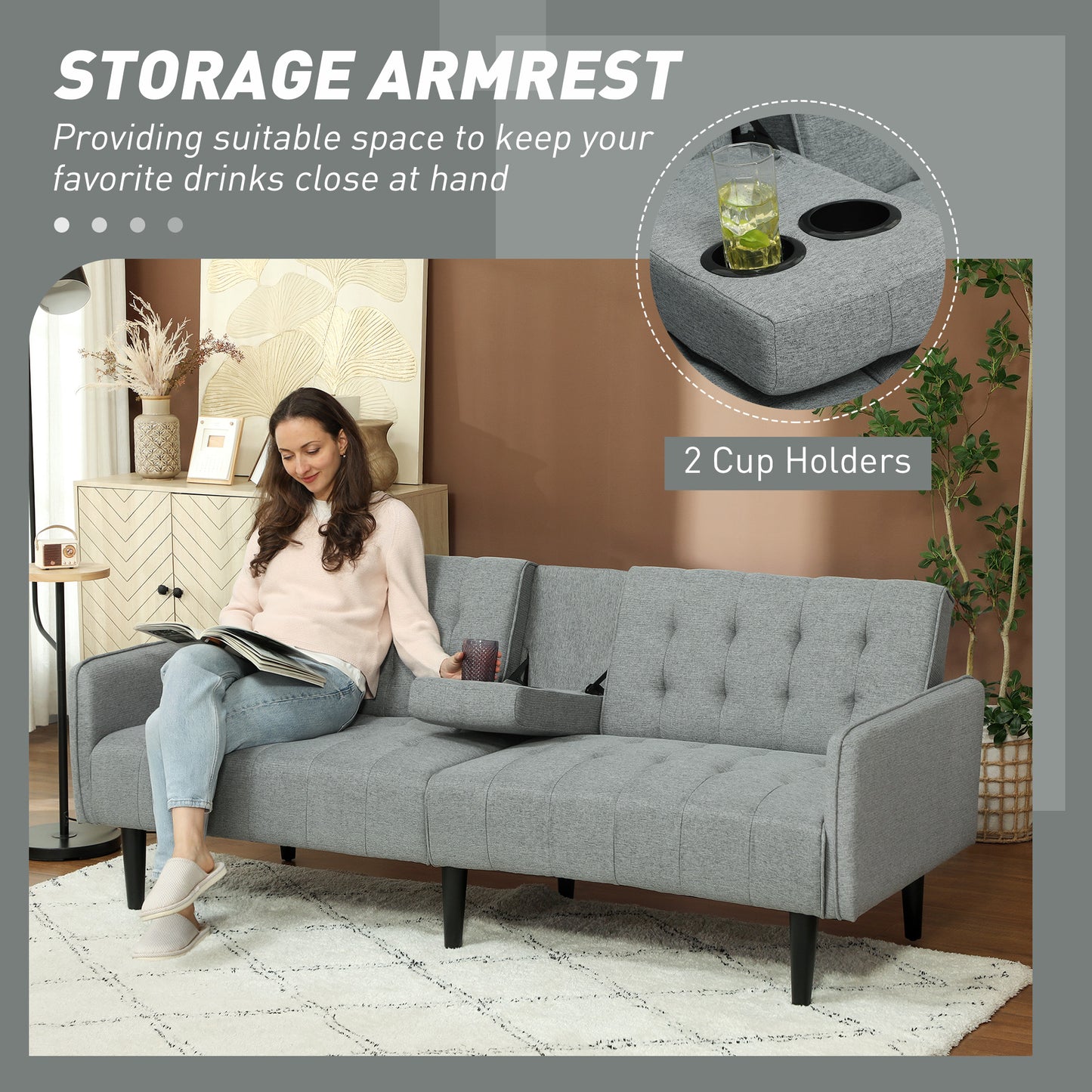 Upholstered Sofa bed 3 Seater Home Theater with Storage Light Grey