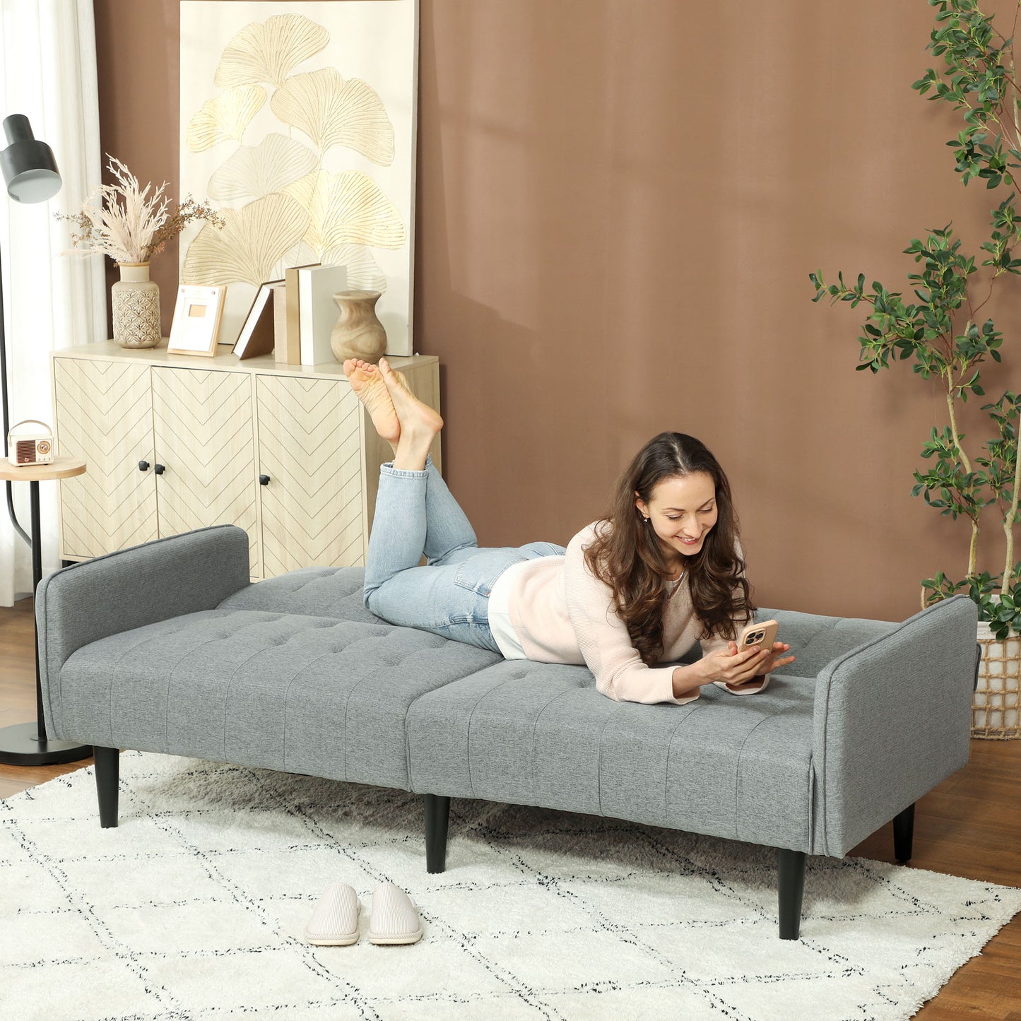 Upholstered Sofa bed 3 Seater Home Theater with Storage Light Grey