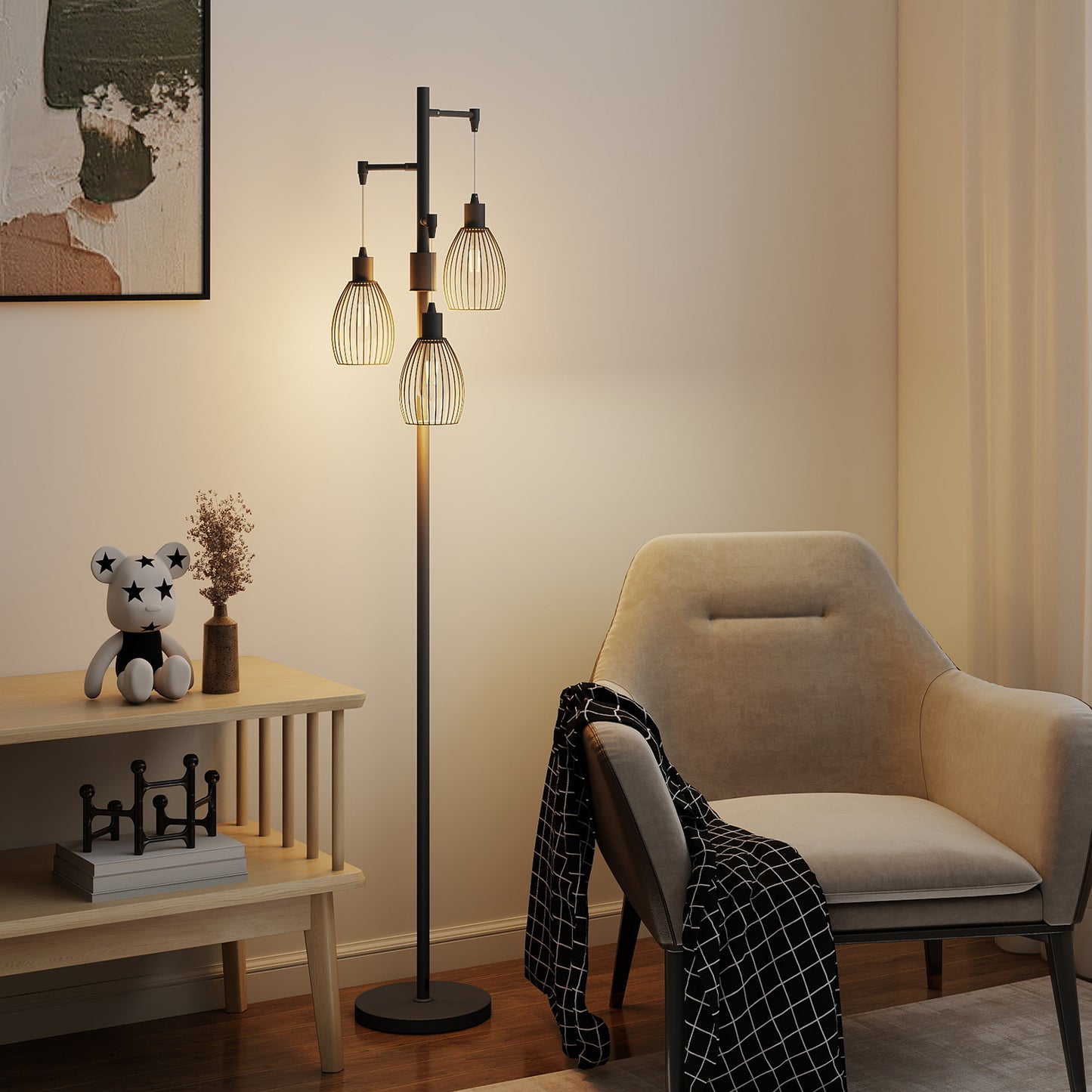 Industrial 3-Light Floor Lamp Dimmable LED Standing Lamp, Black