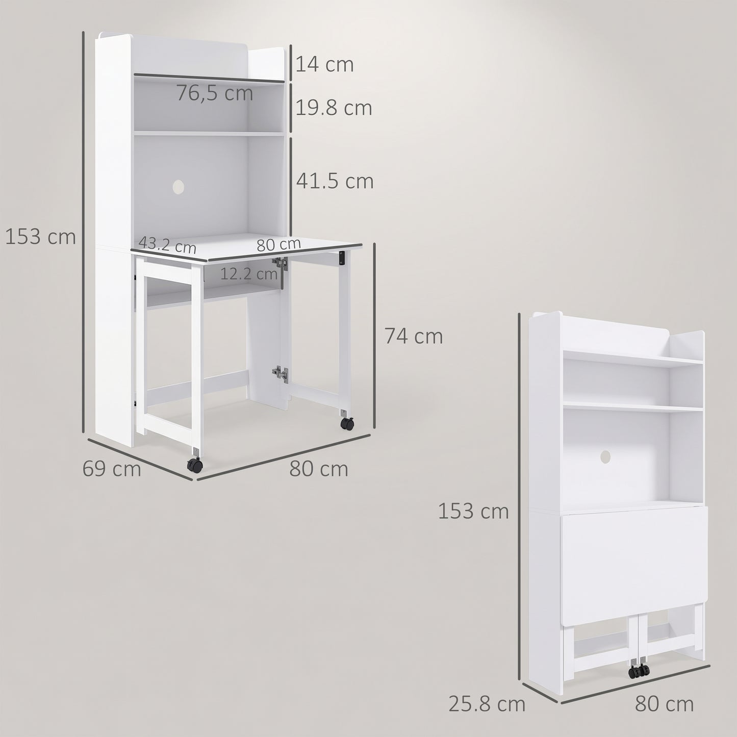 Writing Desk with Foldable Desktop for Bedroom, Home Office, White