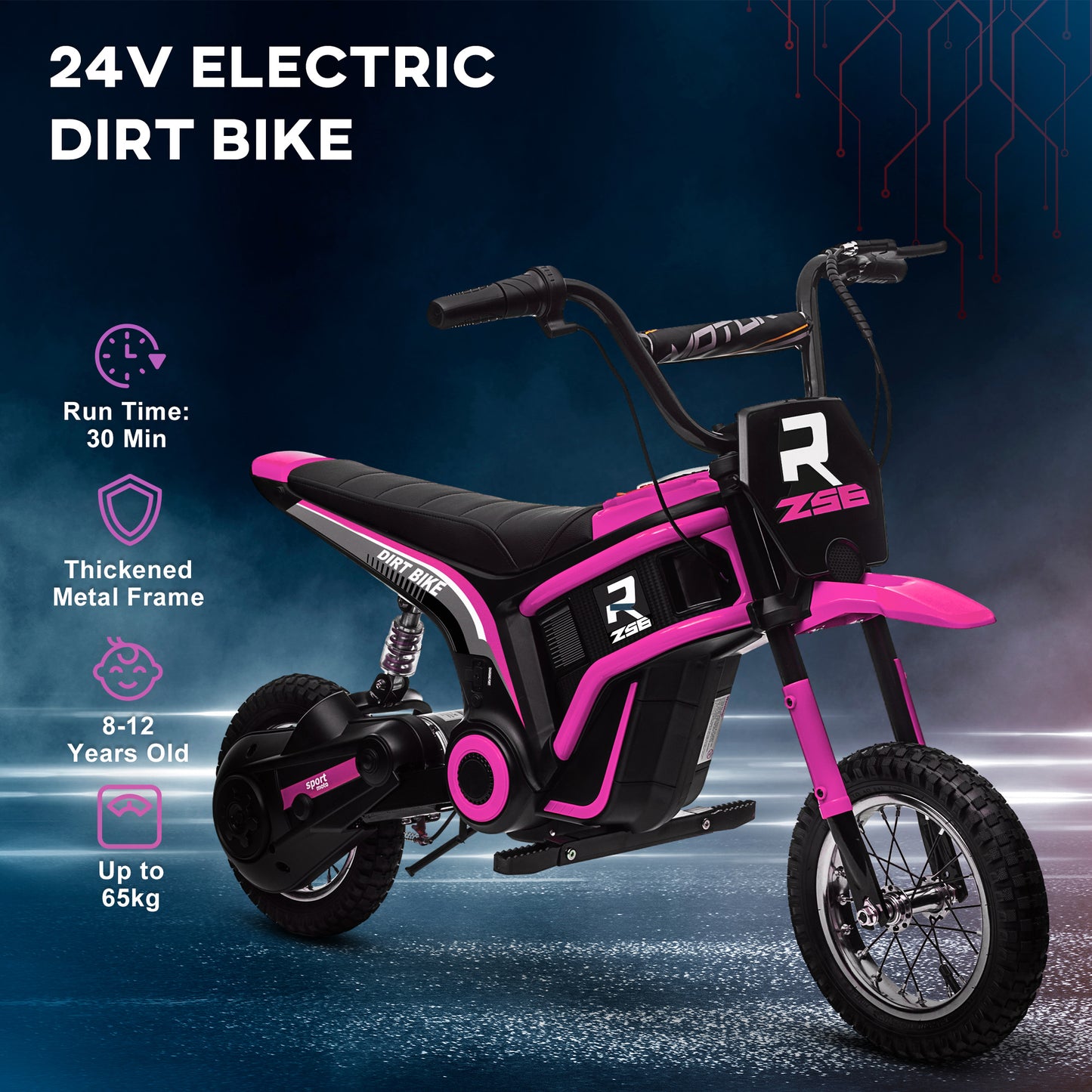 24V Kids Electric Motorbike with Twist Grip Throttle, Music, Horn - Pink