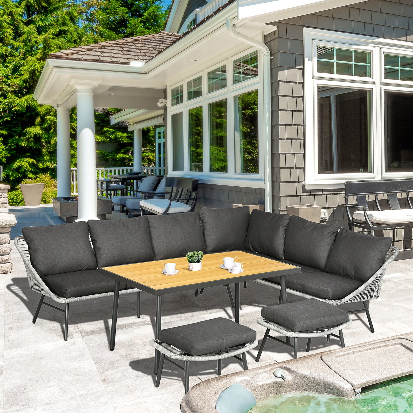 5 Piece Rattan Garden Furniture Set with Sofa, Coffee Table, Grey