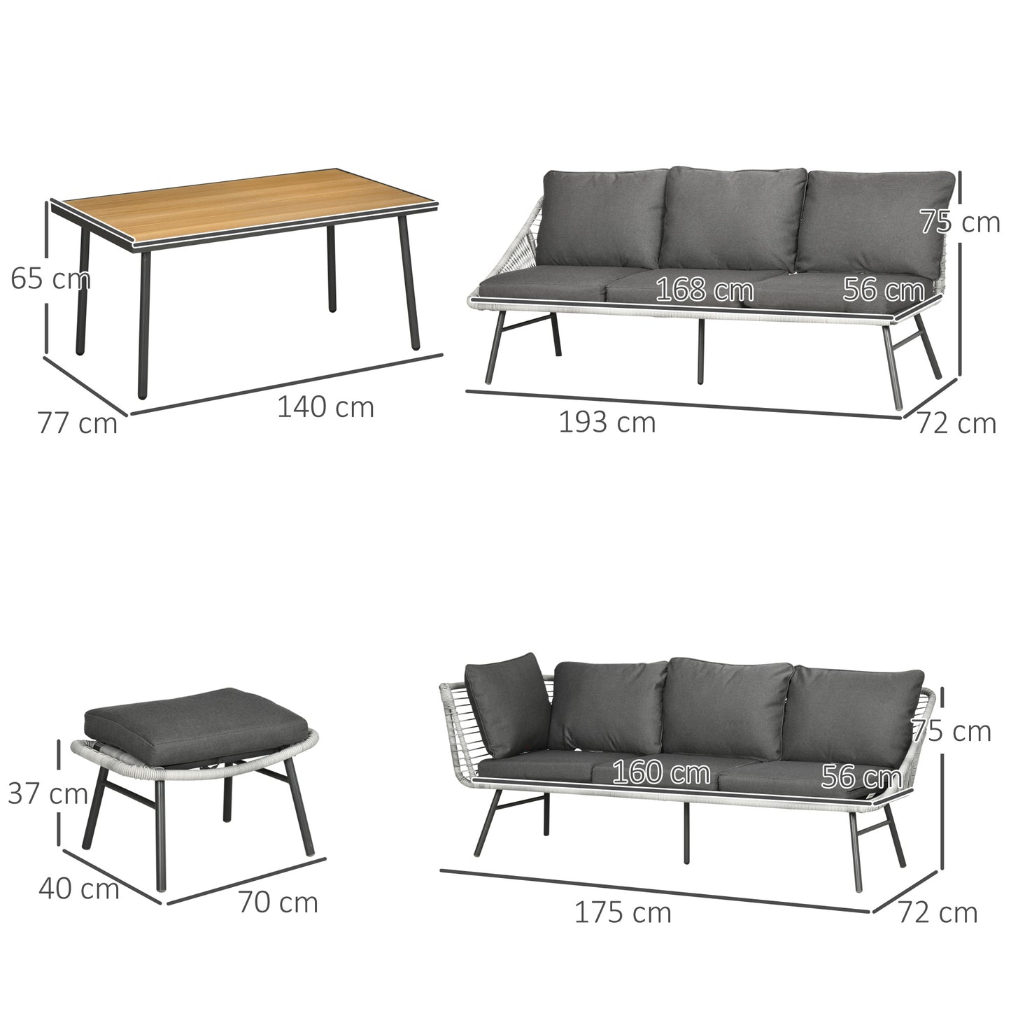 5 Piece Rattan Garden Furniture Set with Sofa, Coffee Table, Grey