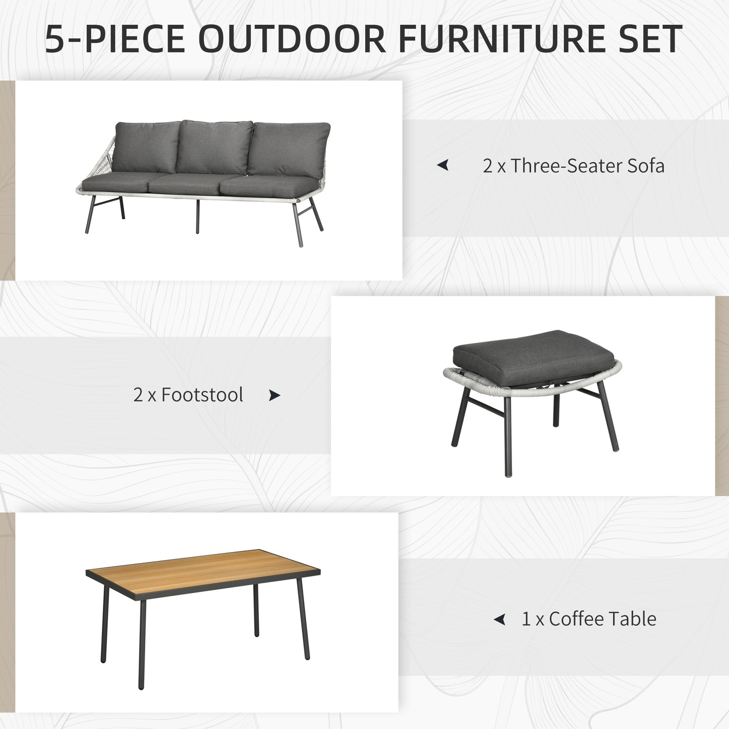 5 Piece Rattan Garden Furniture Set with Sofa, Coffee Table, Grey