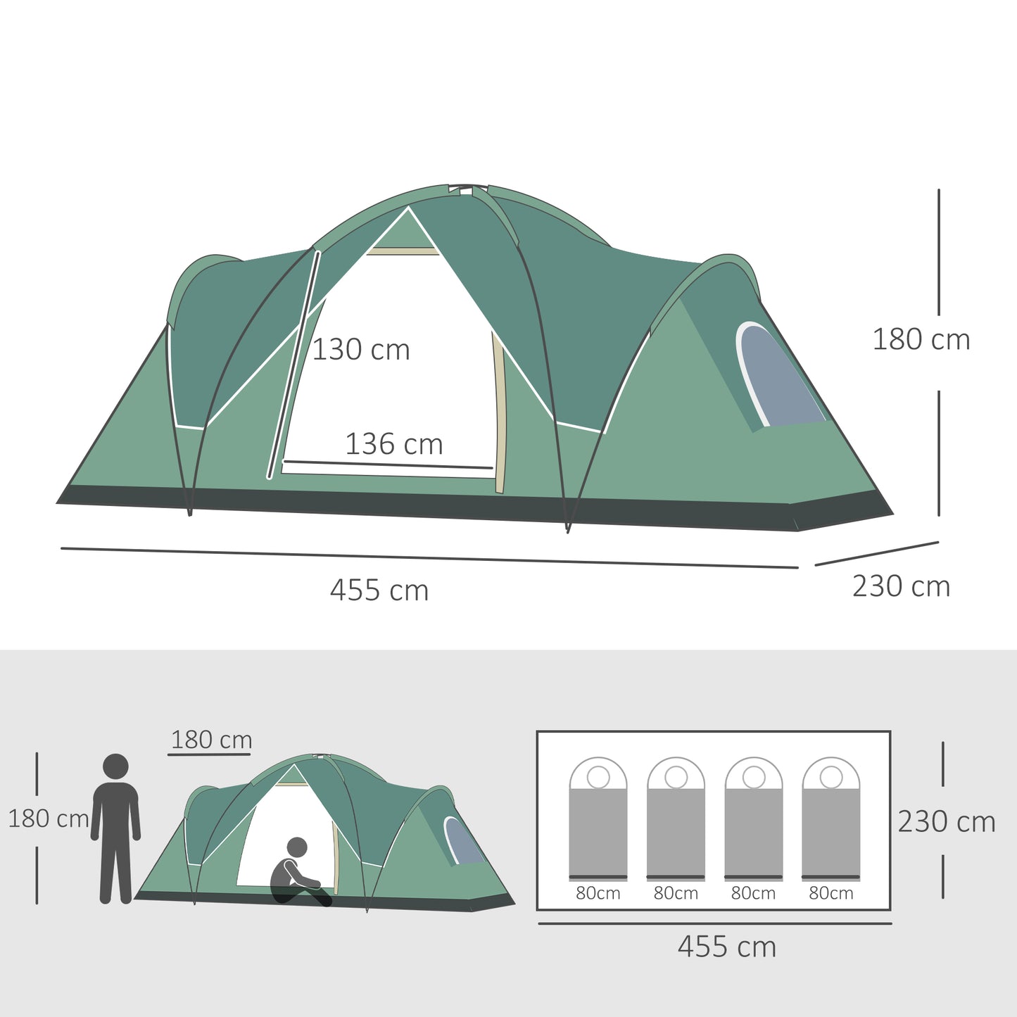 5-6 Man Dome Camping Tent Hiking Shelter UV Protection 3000mm Water Resistant Tunnel Tent - Green