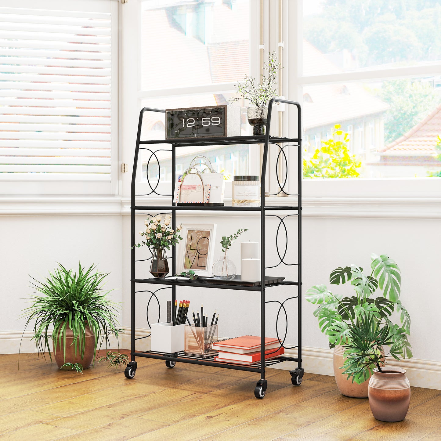 4-Tier Metal Plant Stand, Plants Display Rack with Lockable Wheels
