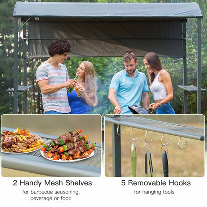 7ft Outdoor Double-tier BBQ Grill Canopy Gazebo w/ 2 Shelf, 5 Hooks