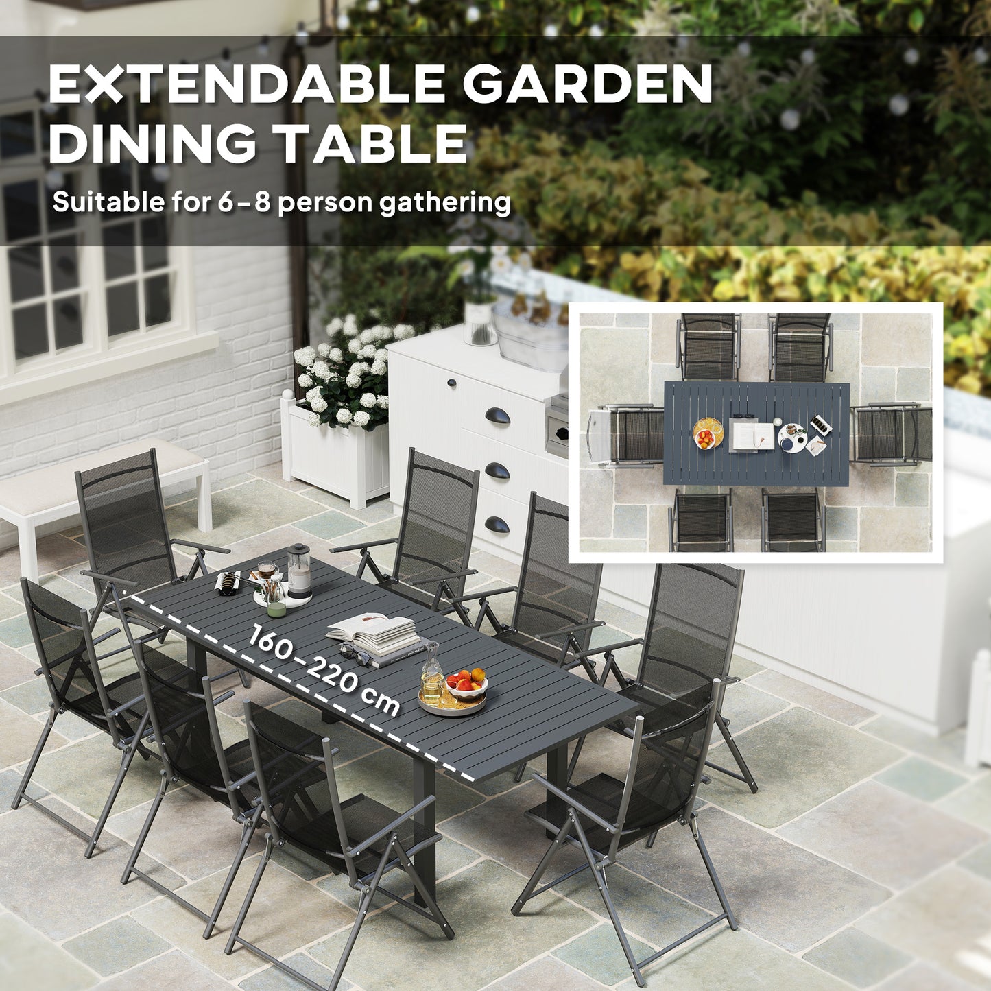Extending Garden Table with Slatted Top, 160/220 x 90 x 73 cm, Grey
