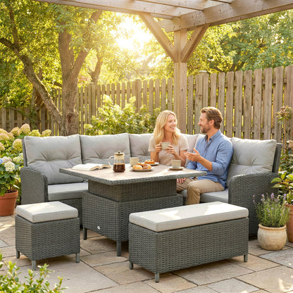 6 PCs Rattan Garden Furniture Sectional Corner Sofa, Dark Grey