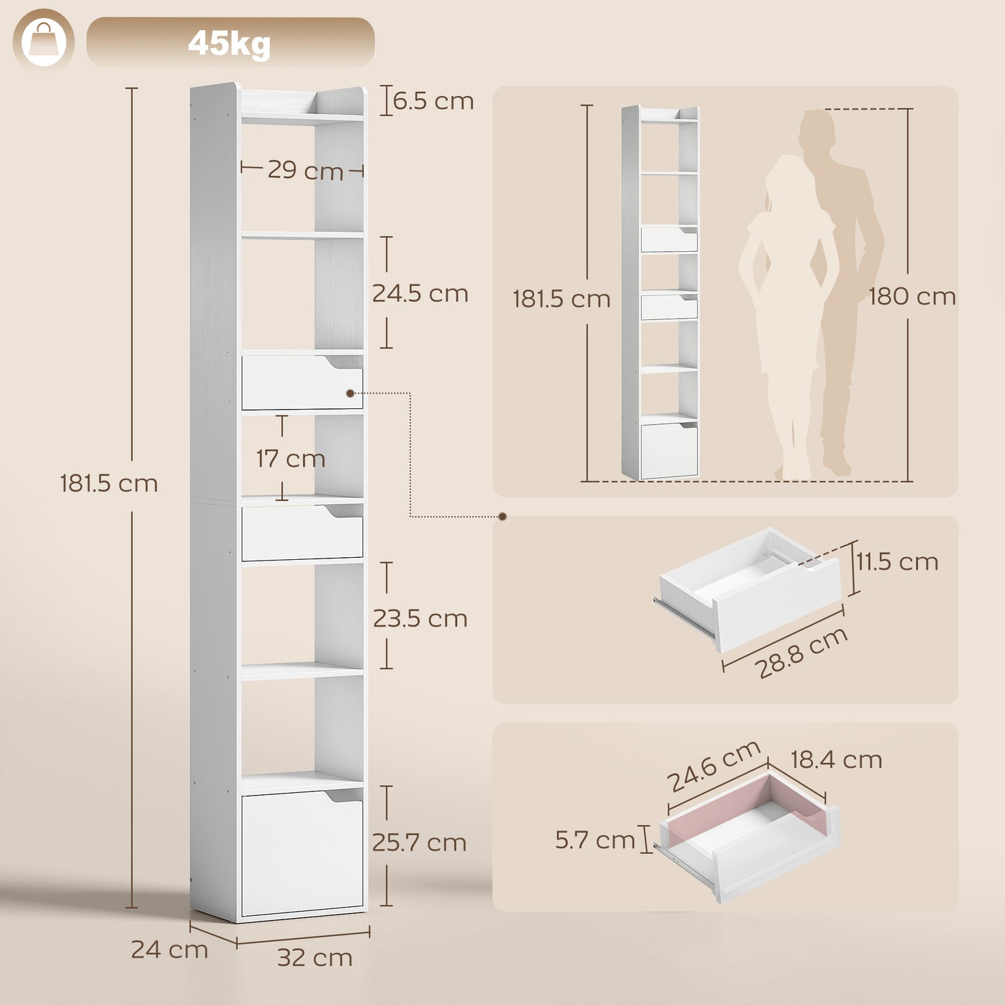 Bookcase with Drawers and Cabinet, 5-Tier Bookshelf, Narrow Tall Storage Cabinet with Anti-Tip for Living Room, Study, Home Office, White Wood Effect