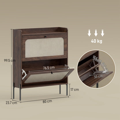 Boho Narrow Shoe Cabinet, Shoe Rack with 2 Flip Drawers, Dark Brown