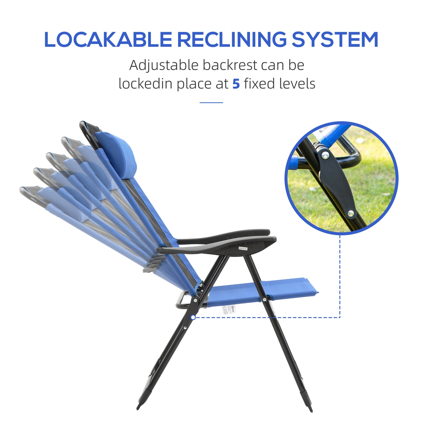 Garden Chairs Set of 2 Folding Camping Chair Recliners, Blue