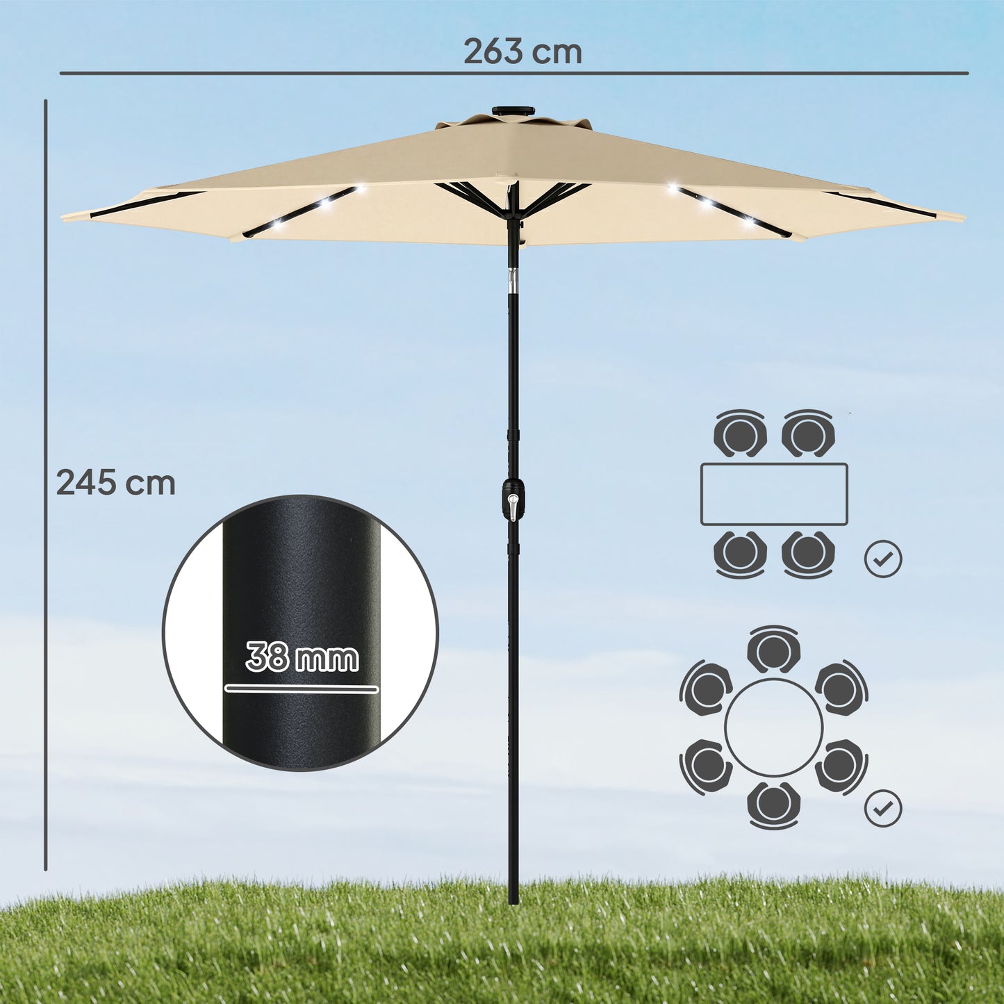 2.6 m Garden Parasol Umbrella with Light, Outdoor Patio Umbrella
