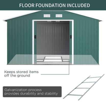 Outsunny 13 x 11ft Garden Metal Storage Shed Outdoor Storage Shed with Foundation Ventilation & Doors, Green