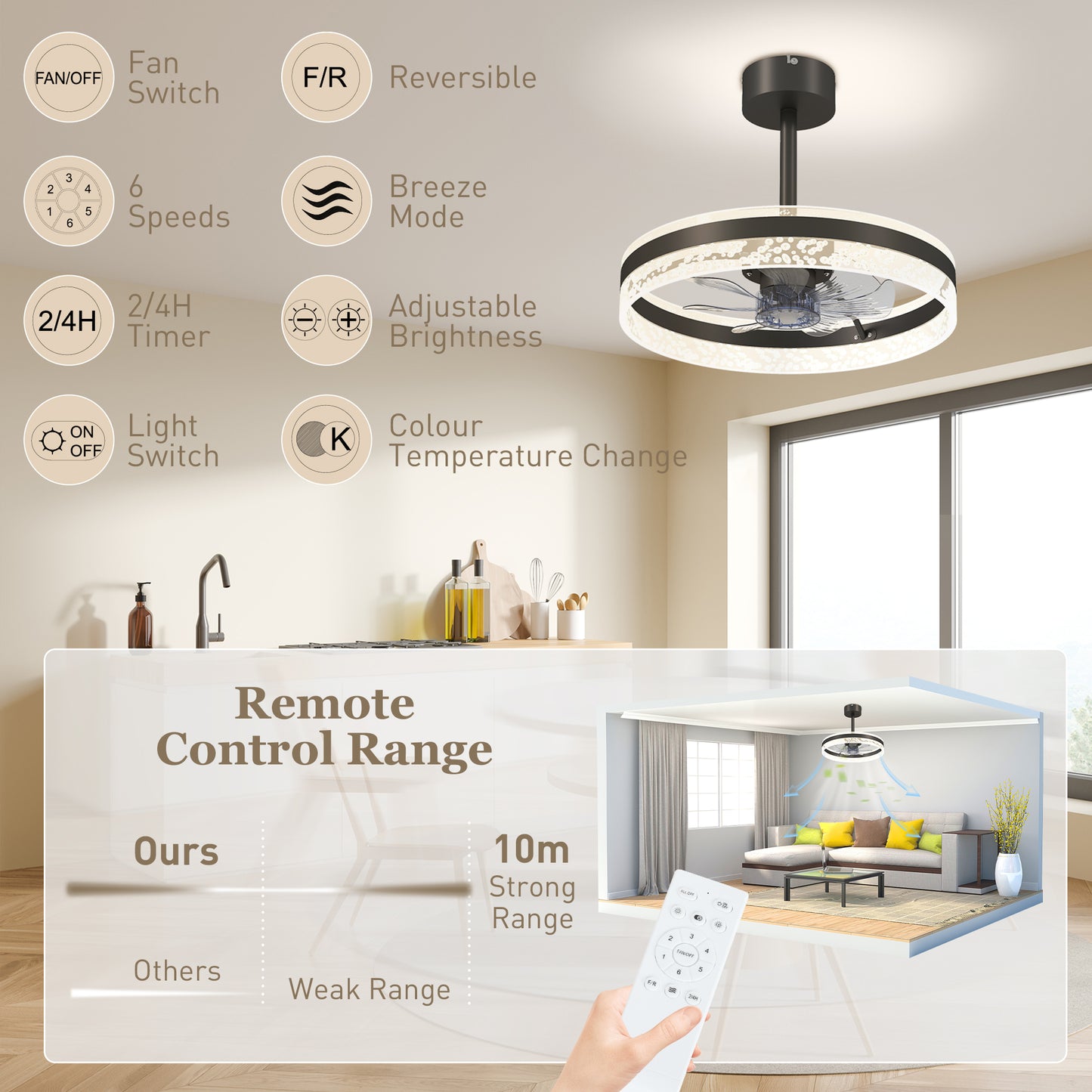 Ceiling Fan Light with 3 Colour, Timer, Reversible, Remote, Black