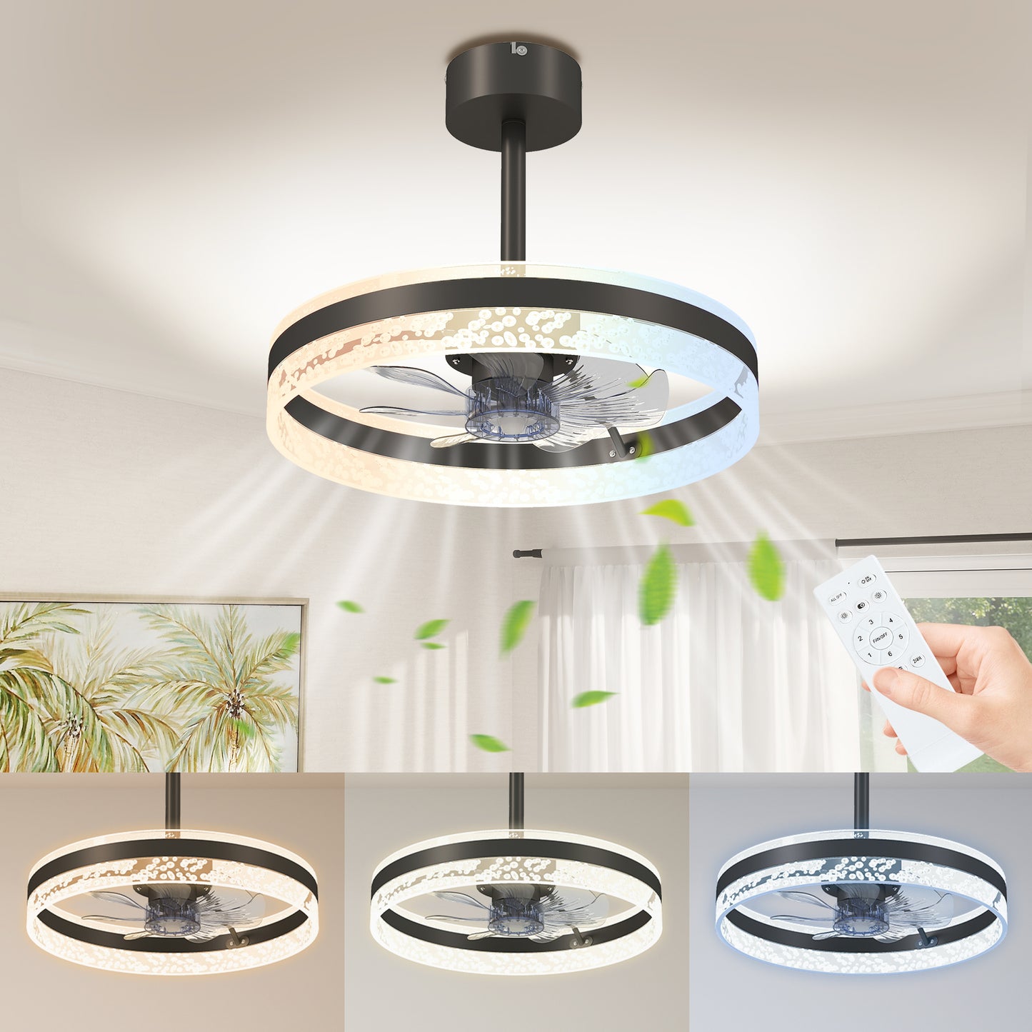 Ceiling Fan Light with 3 Colour, Timer, Reversible, Remote, Black