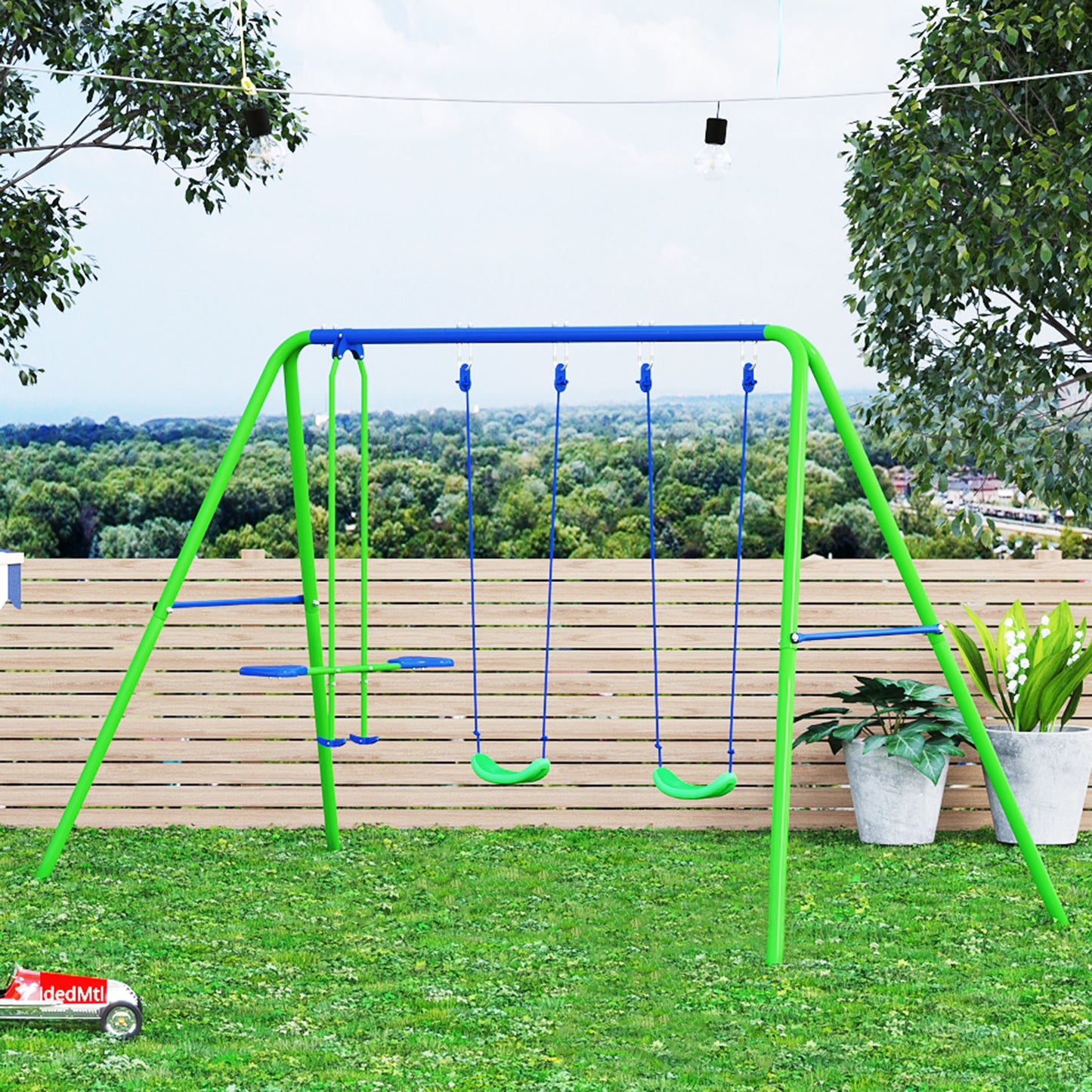 Metal Swings & Seesaw Set Double Seats with a Height Adjustable Children Outdoor Backyard Play Set for Toddlers Over 3 Years Old, Green