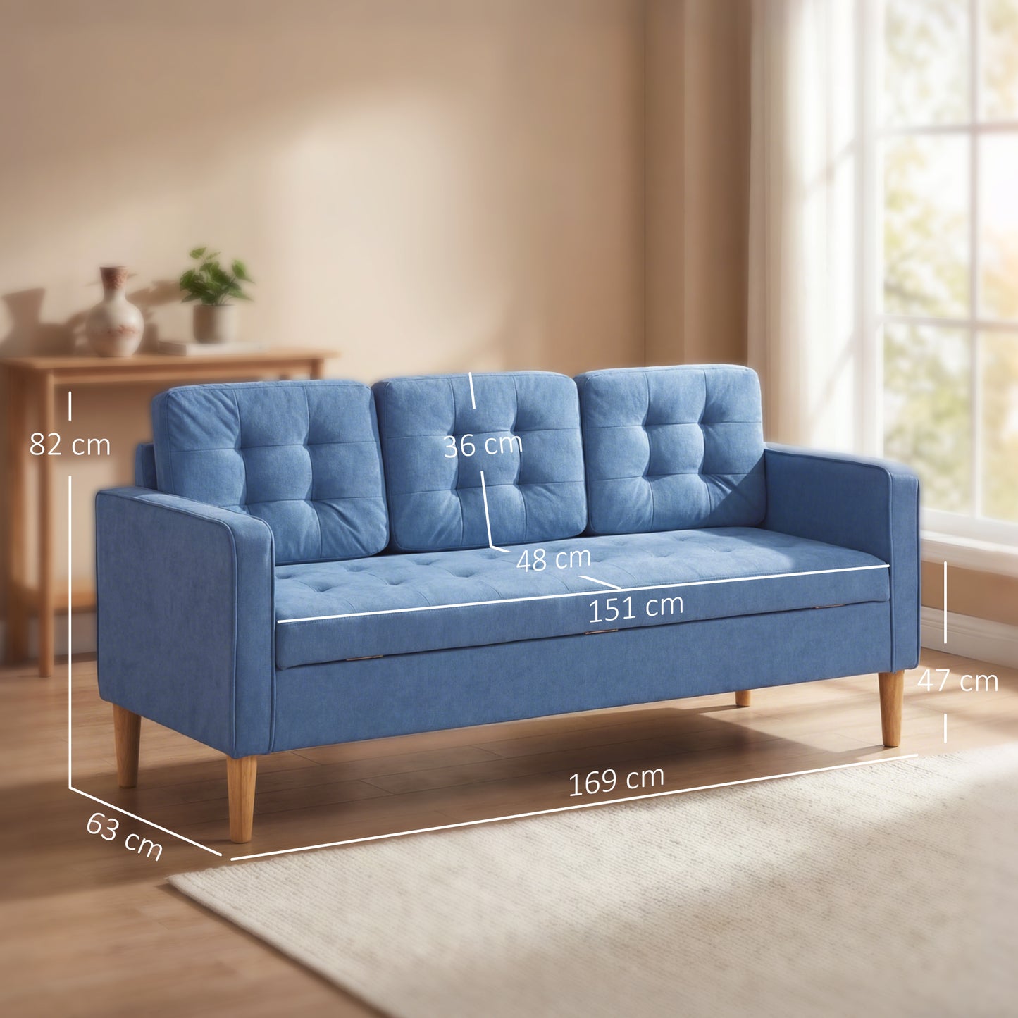 Modern 3 Seater Sofa with Hidden Storage and Rubber Wood Legs, Blue
