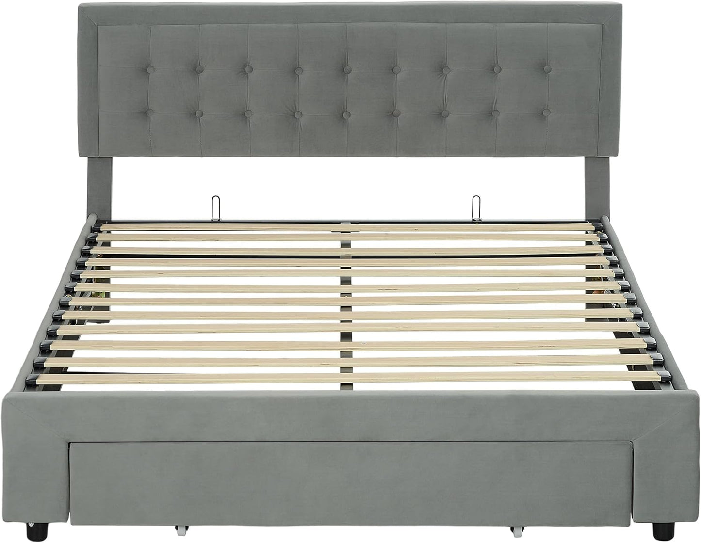 King Size Ottoman Bed Frame with Hydraulic Lifting Storage, Wheeled Drawer, Adjustable Velvet Upholstered Headboard, Wooden Slats Mattress Foundation, No Box Spring Needed, Grey