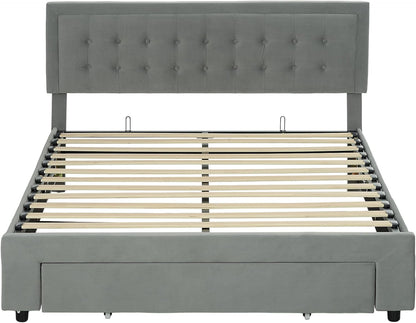 King Size Ottoman Bed Frame with Hydraulic Lifting Storage, Wheeled Drawer, Adjustable Velvet Upholstered Headboard, Wooden Slats Mattress Foundation, No Box Spring Needed, Grey