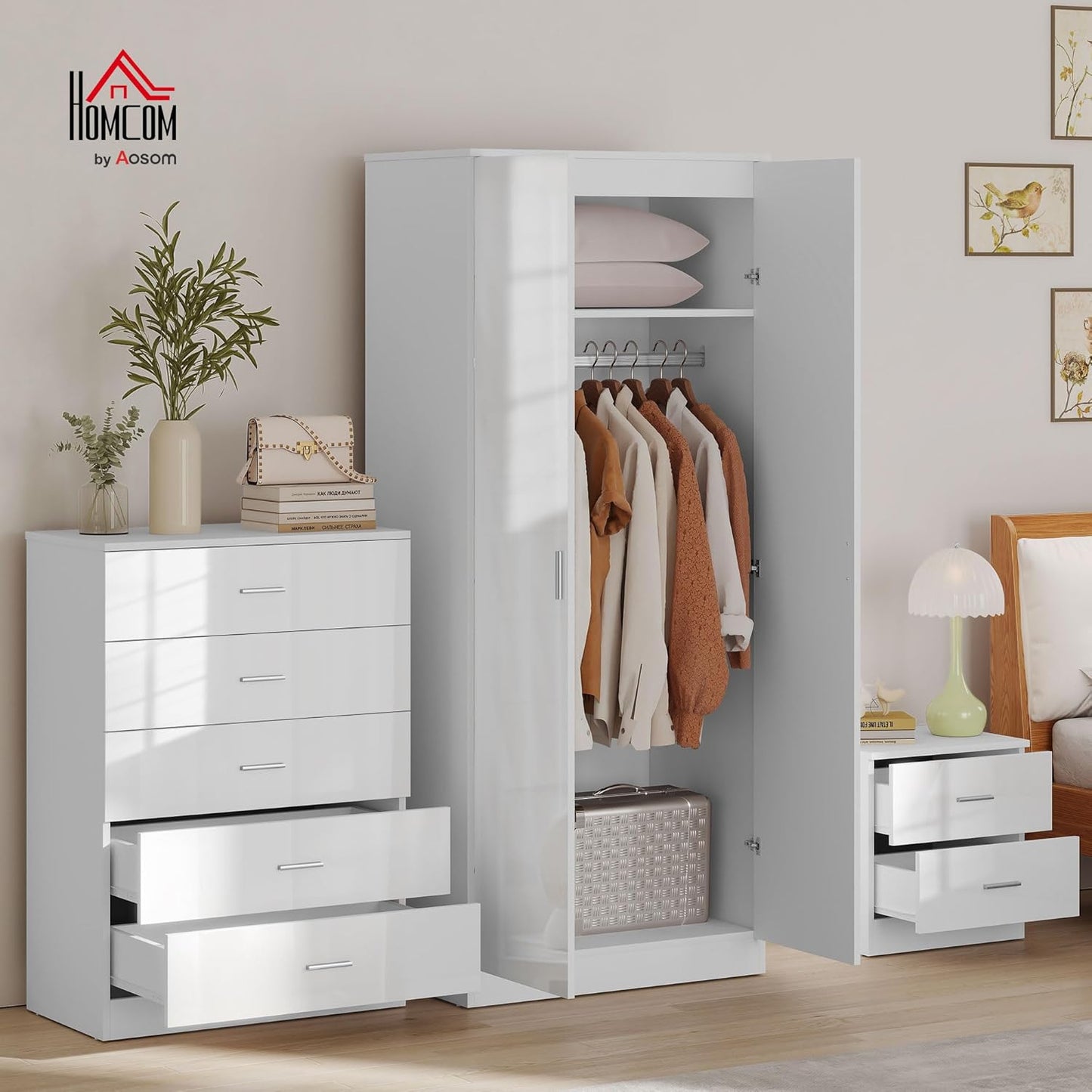 High Gloss 3 Piece Trio Bedroom Furniture Set Wardrobe + Chest Of Drawer + Bedside White