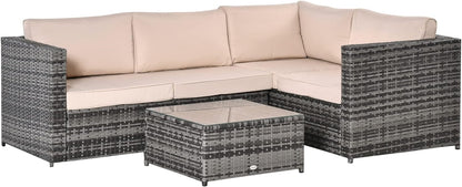 3Pcs Rattan Garden Furniture 4 Seater Outdoor Patio Corner  Chair Set with Coffee Table Thick Cushions, Beige
