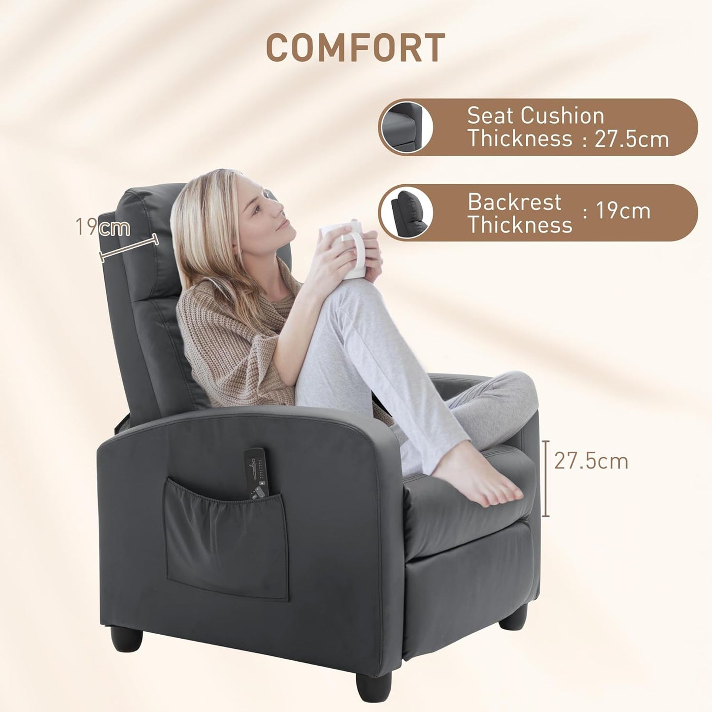 Recliner Armchair, Massage Faux Leather Push Back Reclining Chair - Grey