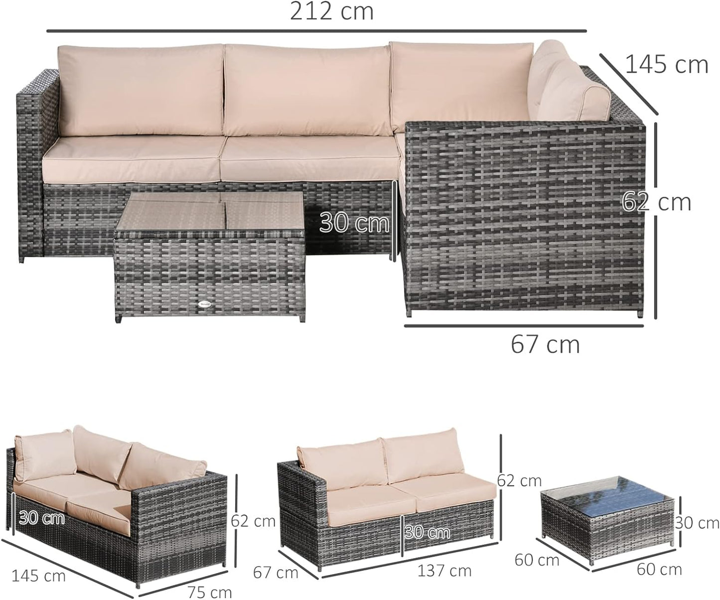 3Pcs Rattan Garden Furniture 4 Seater Outdoor Patio Corner  Chair Set with Coffee Table Thick Cushions, Beige