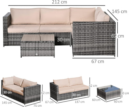 3Pcs Rattan Garden Furniture 4 Seater Outdoor Patio Corner  Chair Set with Coffee Table Thick Cushions, Beige