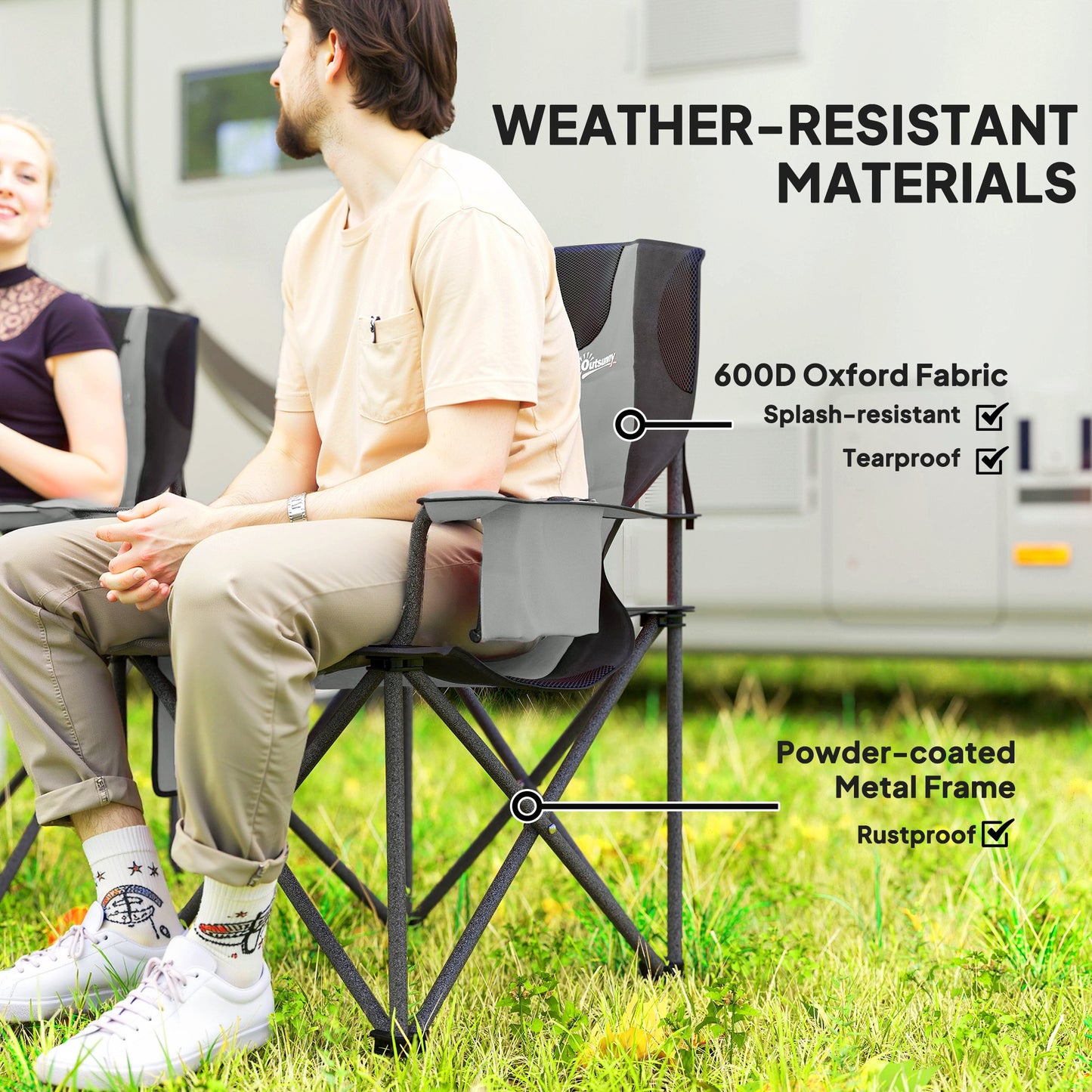 Set of 2 Padded Folding Picnic Chairs with Cooler Bag, Grey