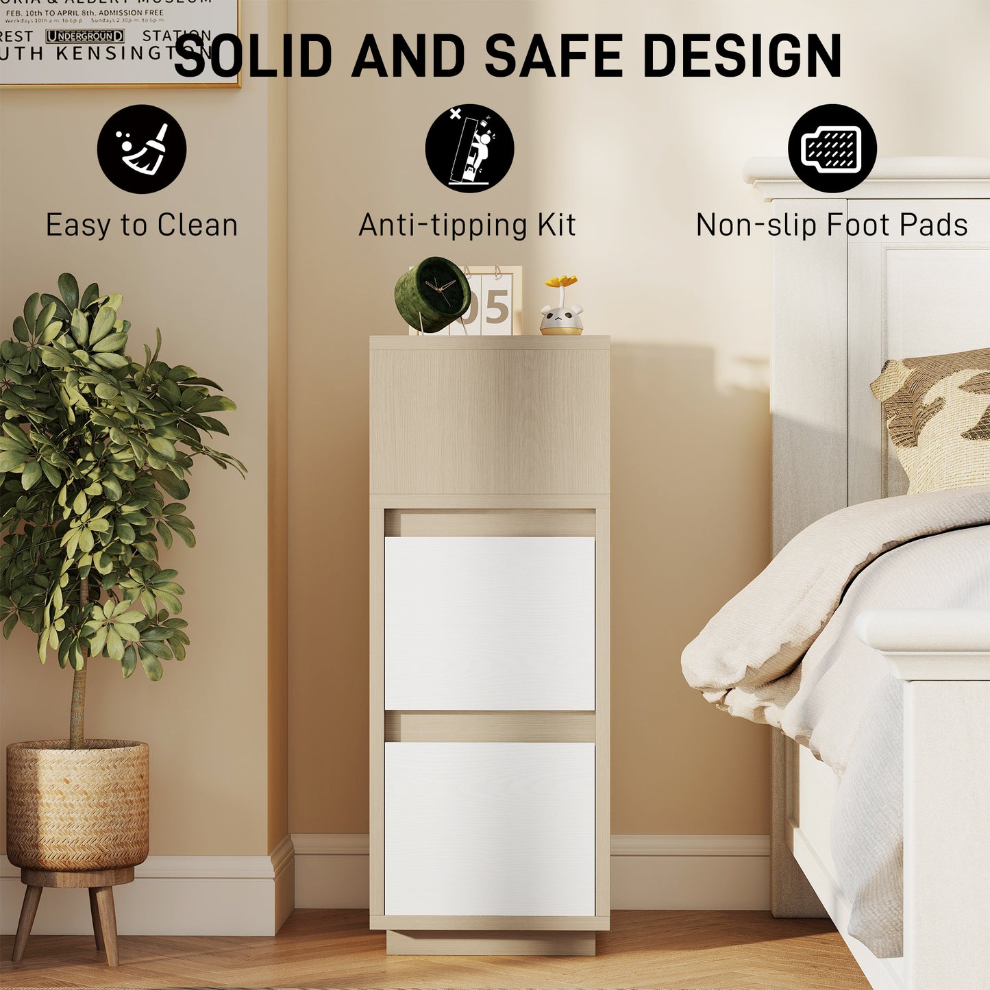 Slim Bedside Table, Bedside Cabinet with Open Shelf and 2 Drawers