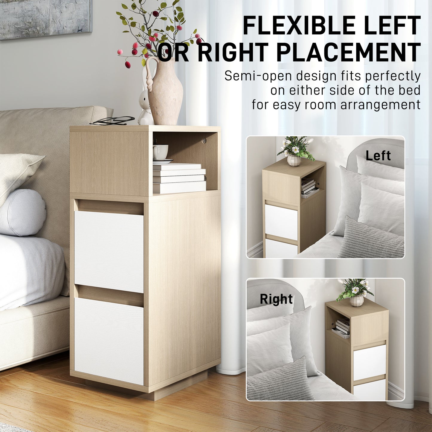 Slim Bedside Table, Bedside Cabinet with Open Shelf and 2 Drawers
