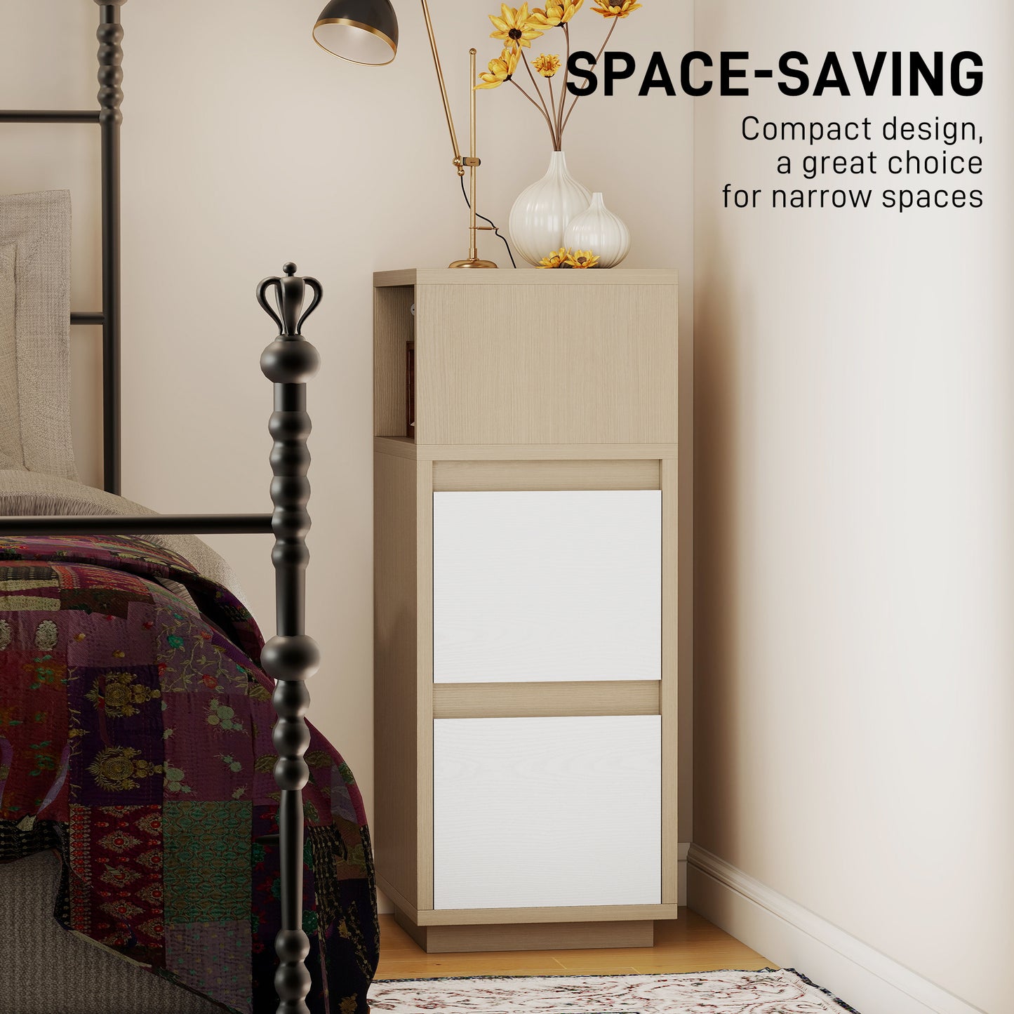 Slim Bedside Table, Bedside Cabinet with Open Shelf and 2 Drawers